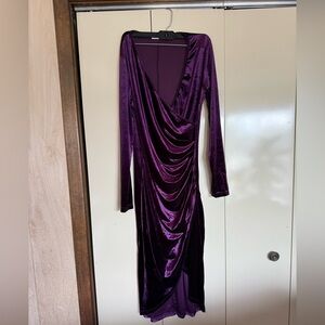 Purple Ruched Asymmetrical Long Sleeve Cocktail Dress